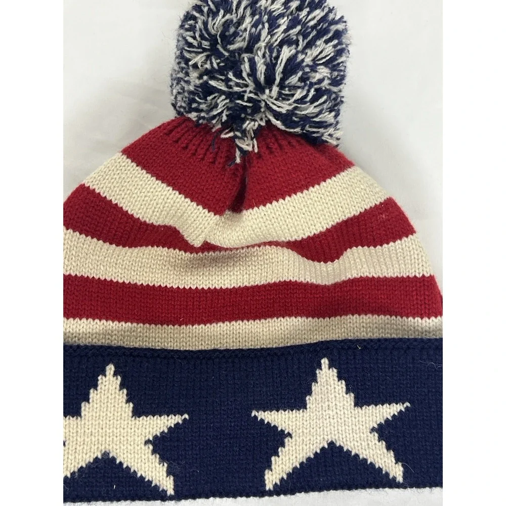 Pugs Patriotic Beanie Cap Red‎ White Blue Stars & Stripe Large Pom Pom - Unisex-